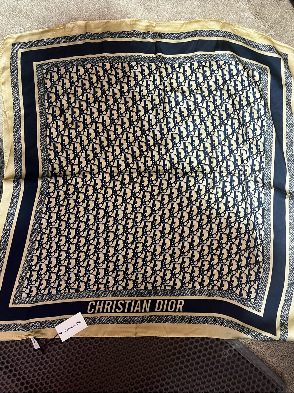 NWT CD logo silk scarf viral gold tan and blue dior